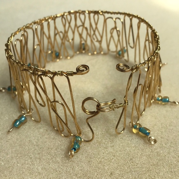 Handmade Plated Copper Wire Bracelet Dangly Beads - Picture 3 of 6